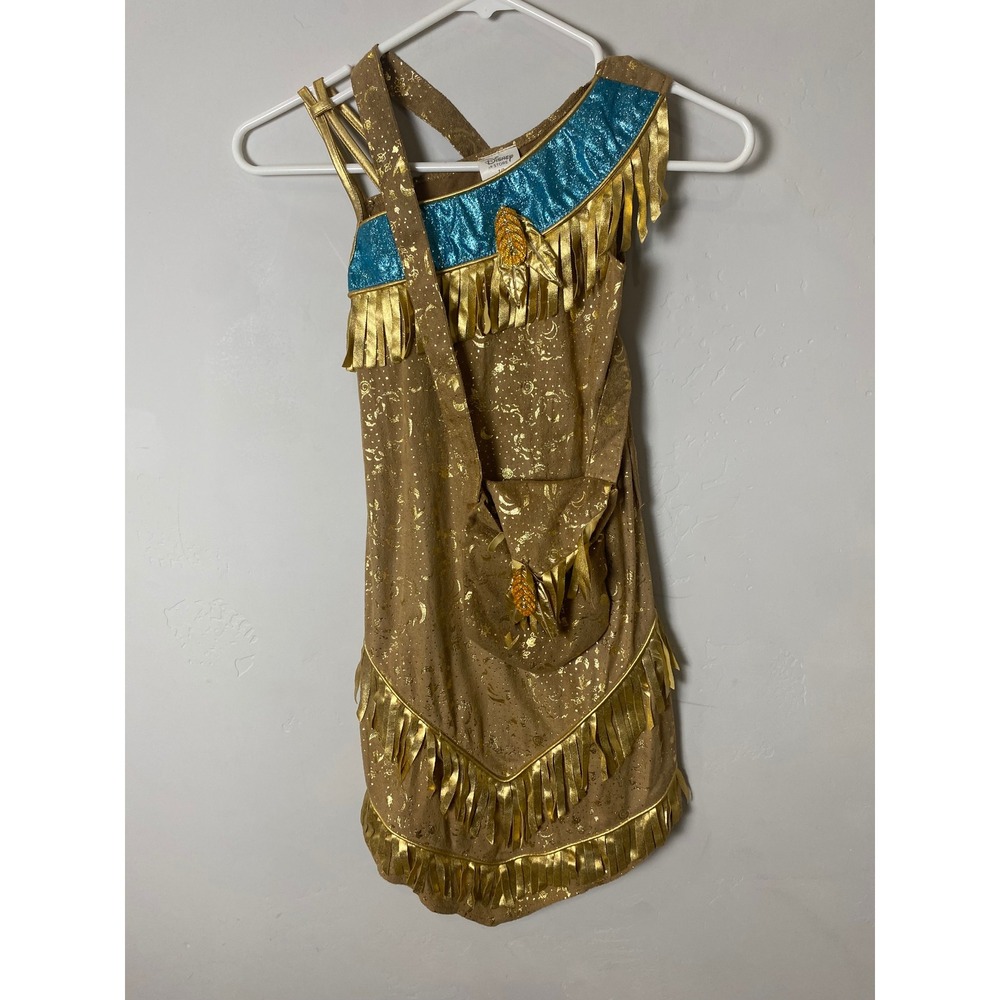 Disney Store Pocahontas Costume Dress with Satchel Bag Tan Gold Girls Size 7/8